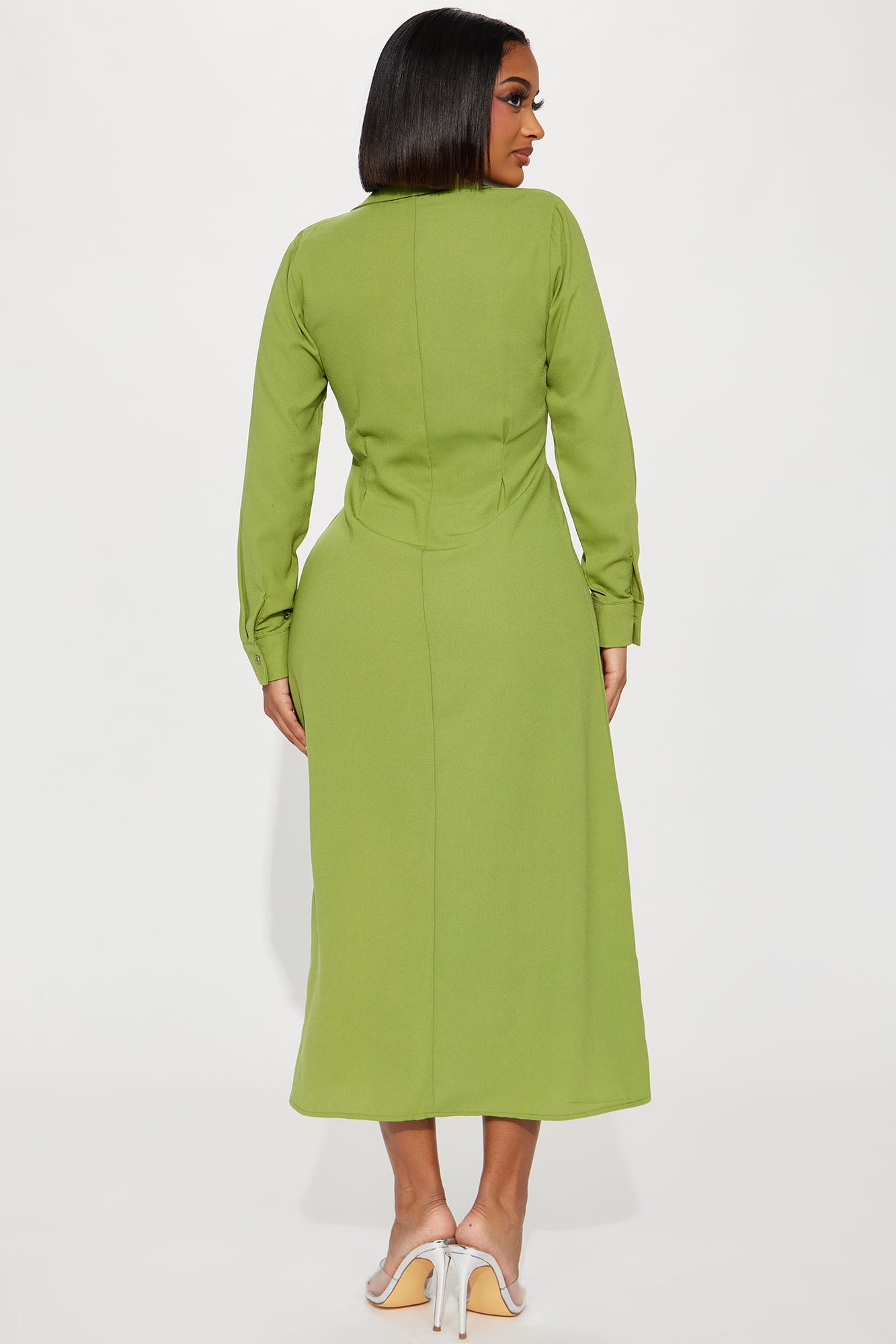 Button Down Midi Shirt Dress - Green