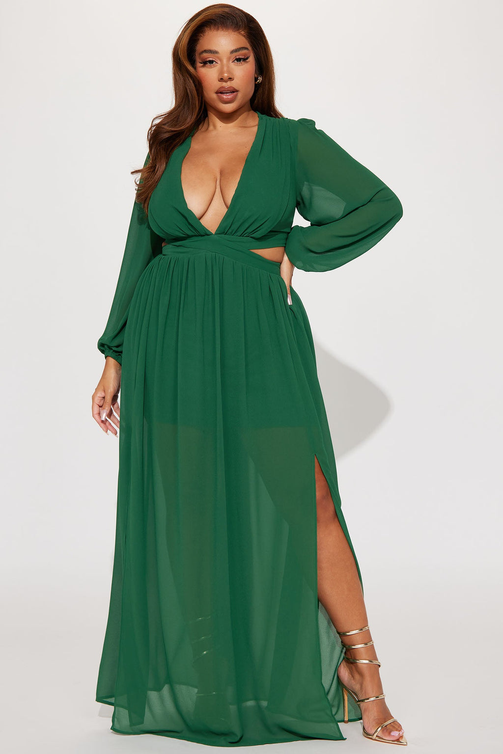 Puff Sleeve Cut Out High Slit Chiffon Maxi Dress