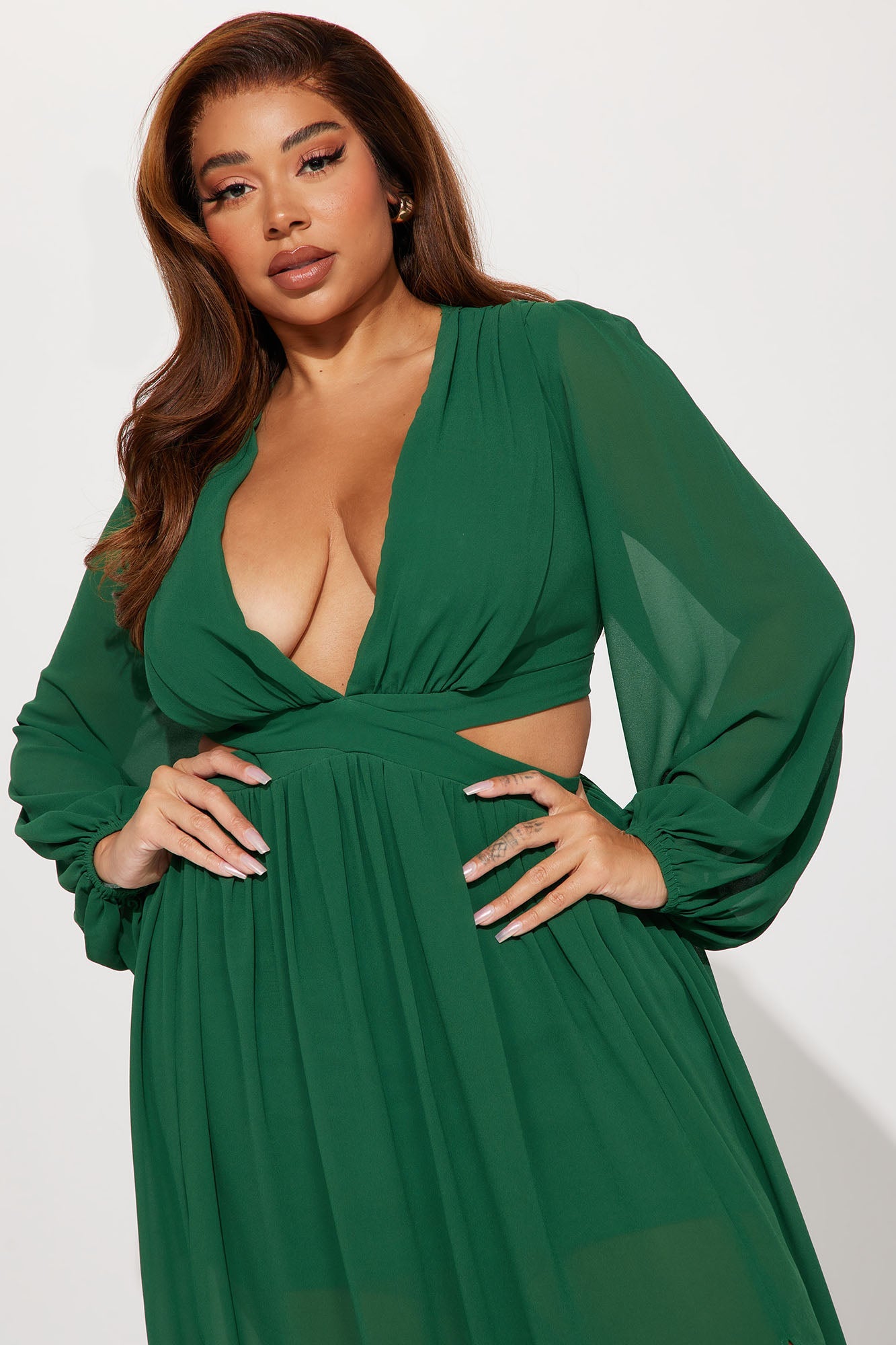 Puff Sleeve Cut Out High Slit Chiffon Maxi Dress