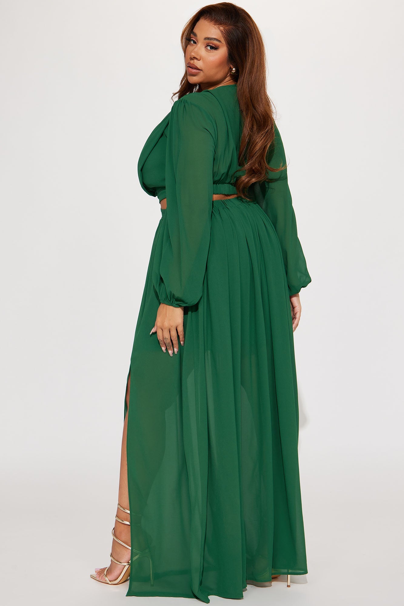 Puff Sleeve Cut Out High Slit Chiffon Maxi Dress