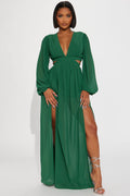 Puff Sleeve Cut Out High Slit Chiffon Maxi Dress