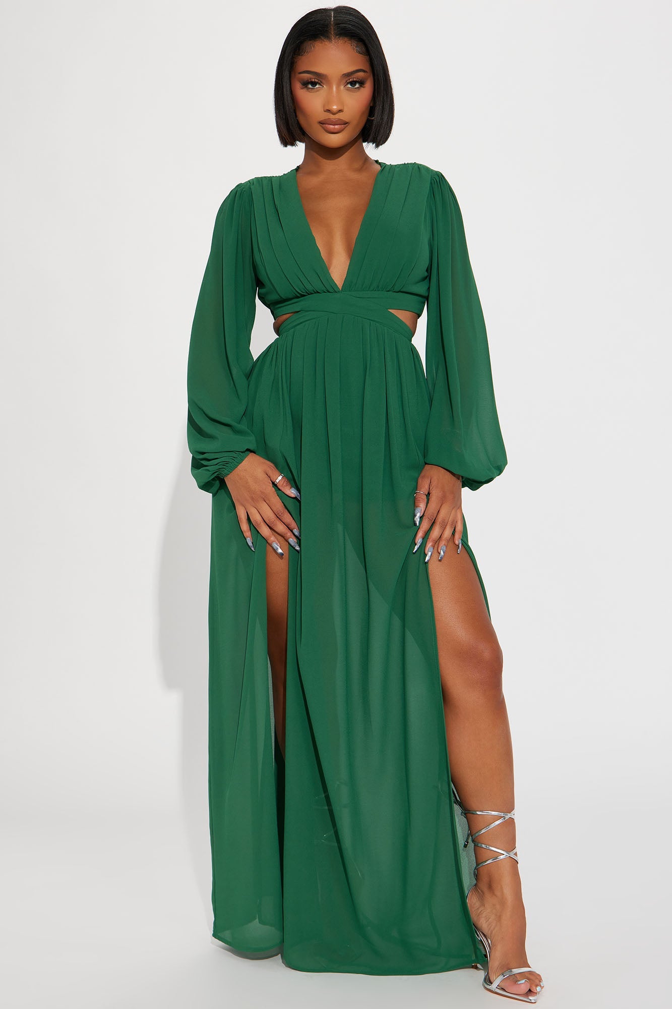 Puff Sleeve Cut Out High Slit Chiffon Maxi Dress