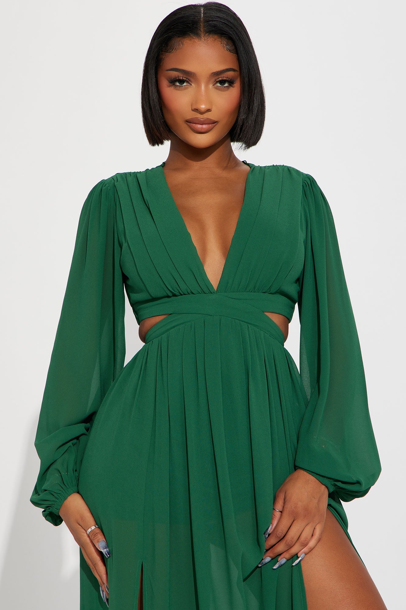Puff Sleeve Cut Out High Slit Chiffon Maxi Dress