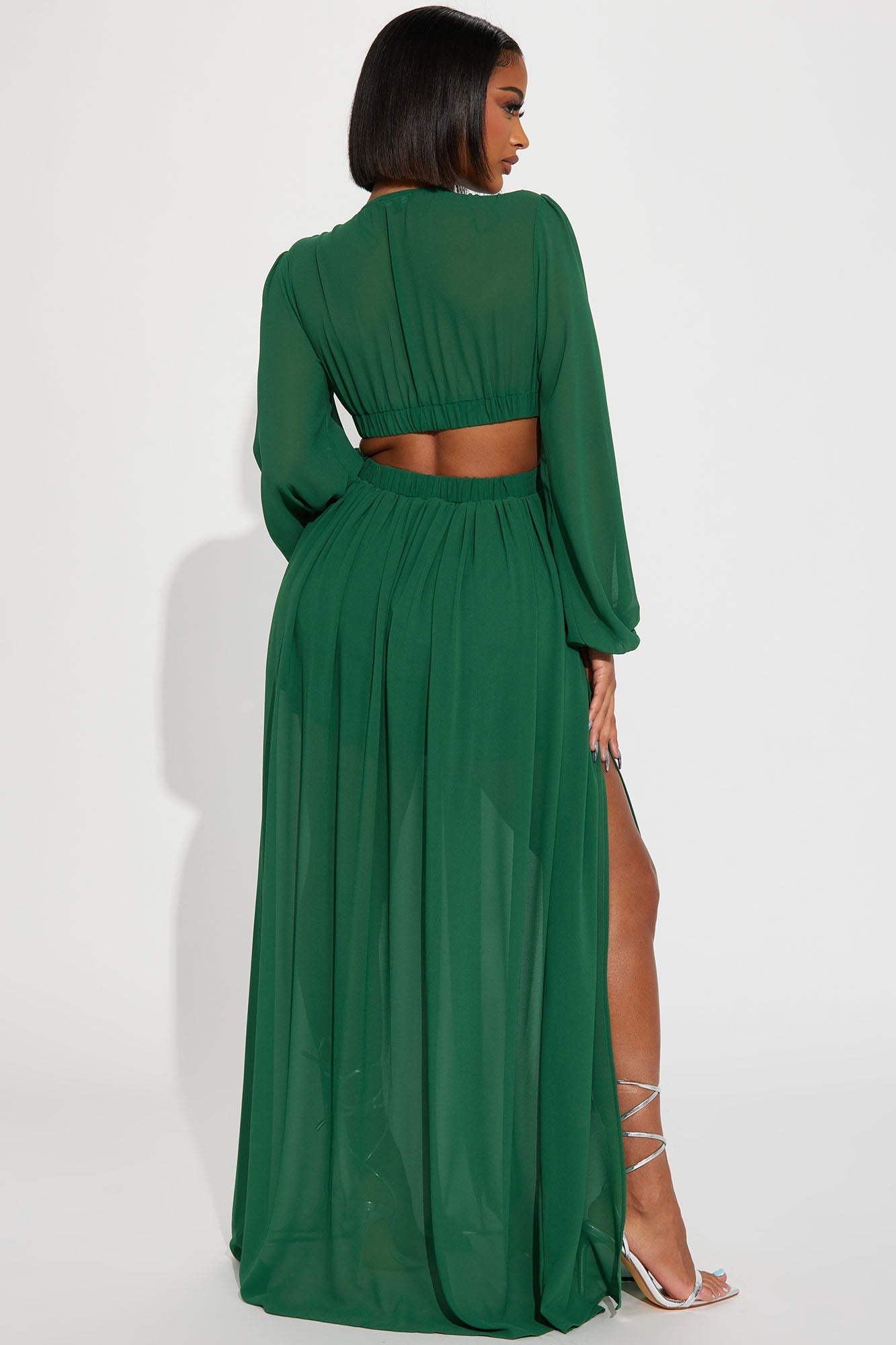 Puff Sleeve Cut Out High Slit Chiffon Maxi Dress