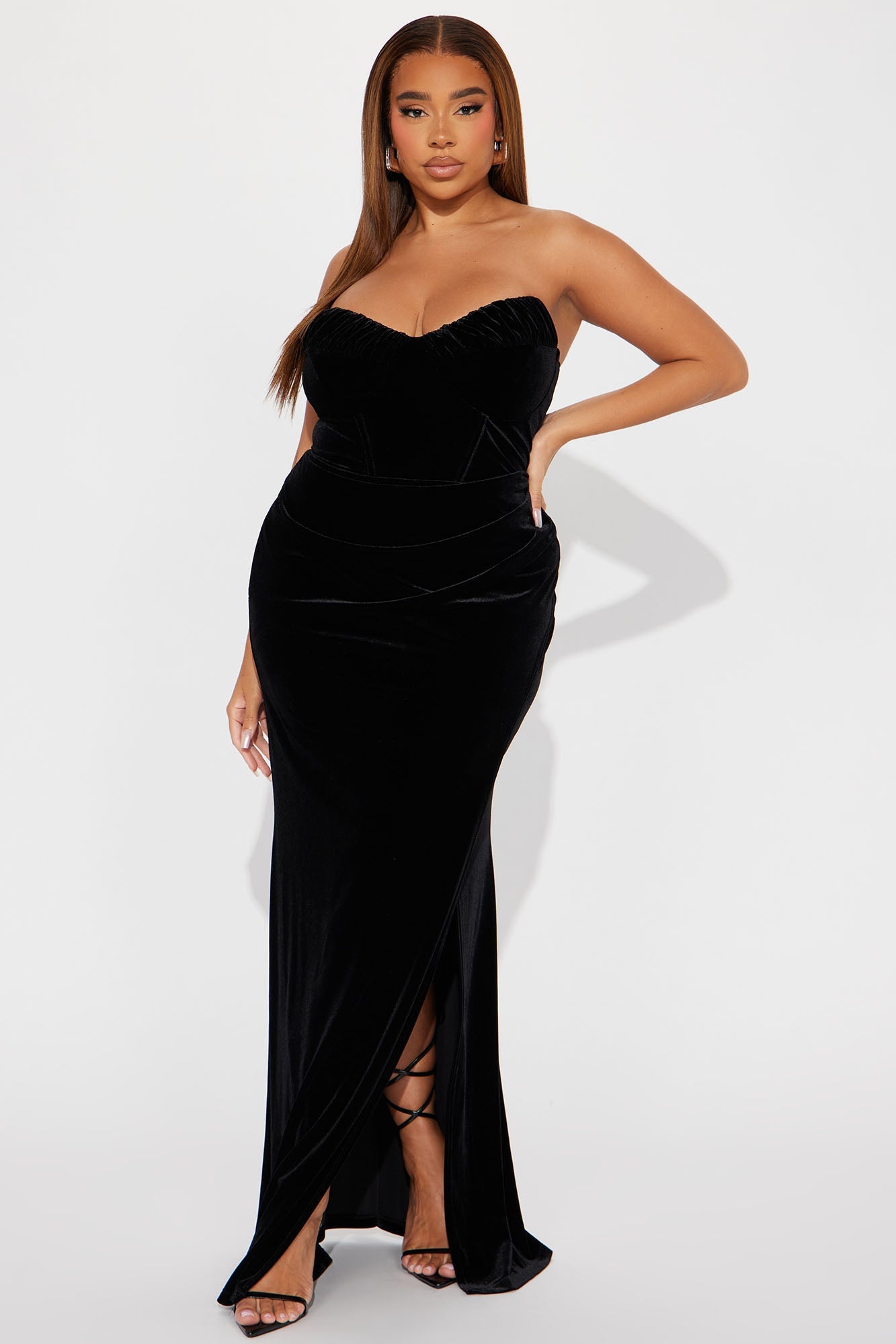 Velvet Corset High Slit Formal Gown - Black